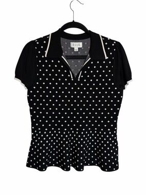 ELLE Black & White Polka Dot Peplum Knit Top Size Large